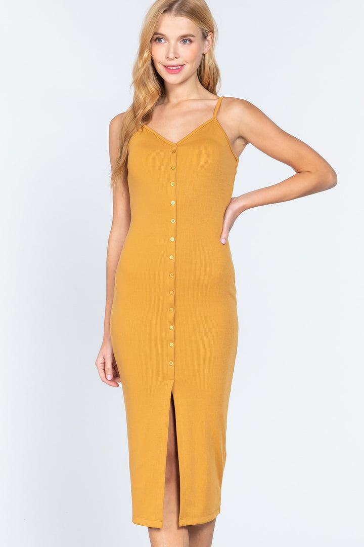 Front Button Slit Rib Cami Midi Dress