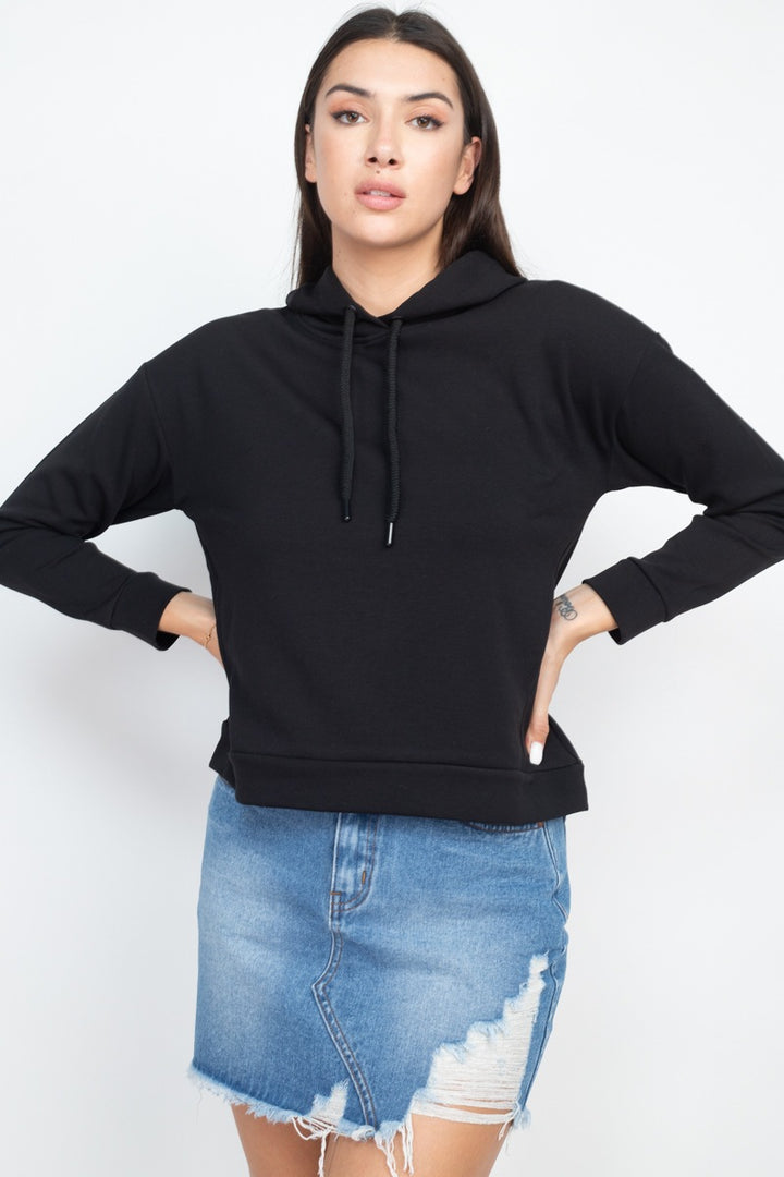 Self-tie Drawstrings Hoodie Knit Sweater in Black