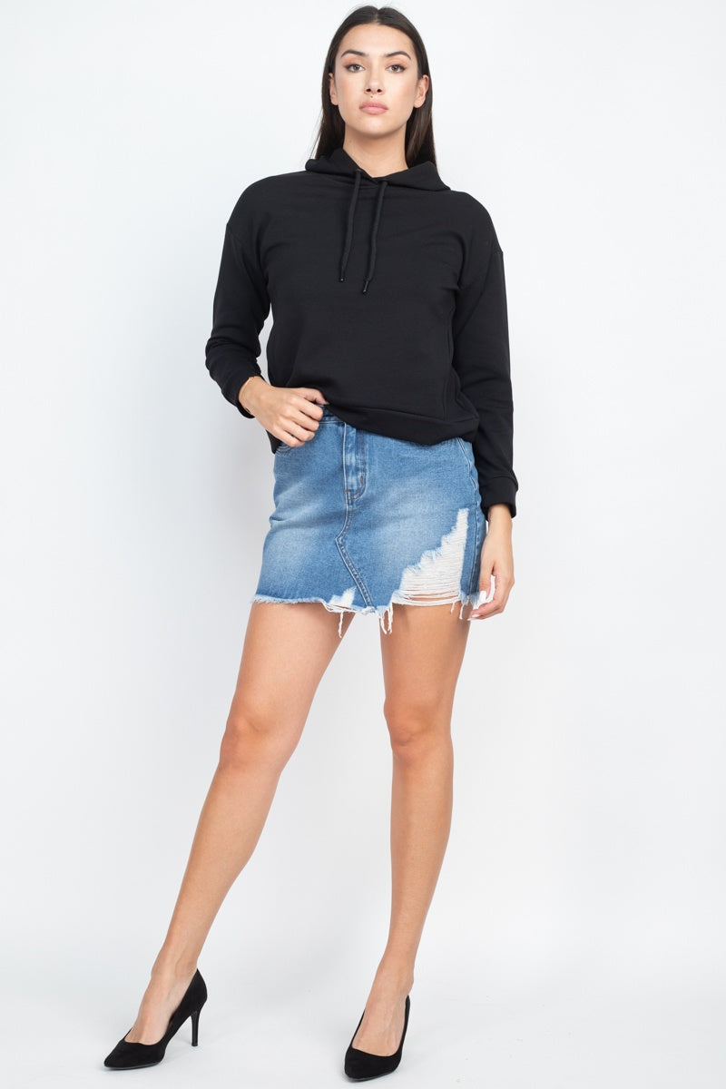 Iris Basic | Self-tie Drawstrings Hoodie Knit Sweater in Black