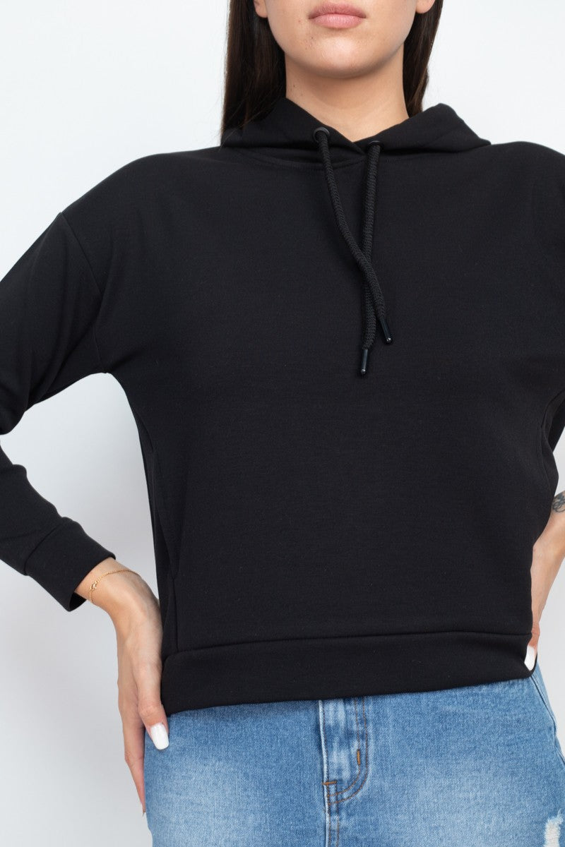 Self-tie Drawstrings Hoodie Knit Sweater in Black