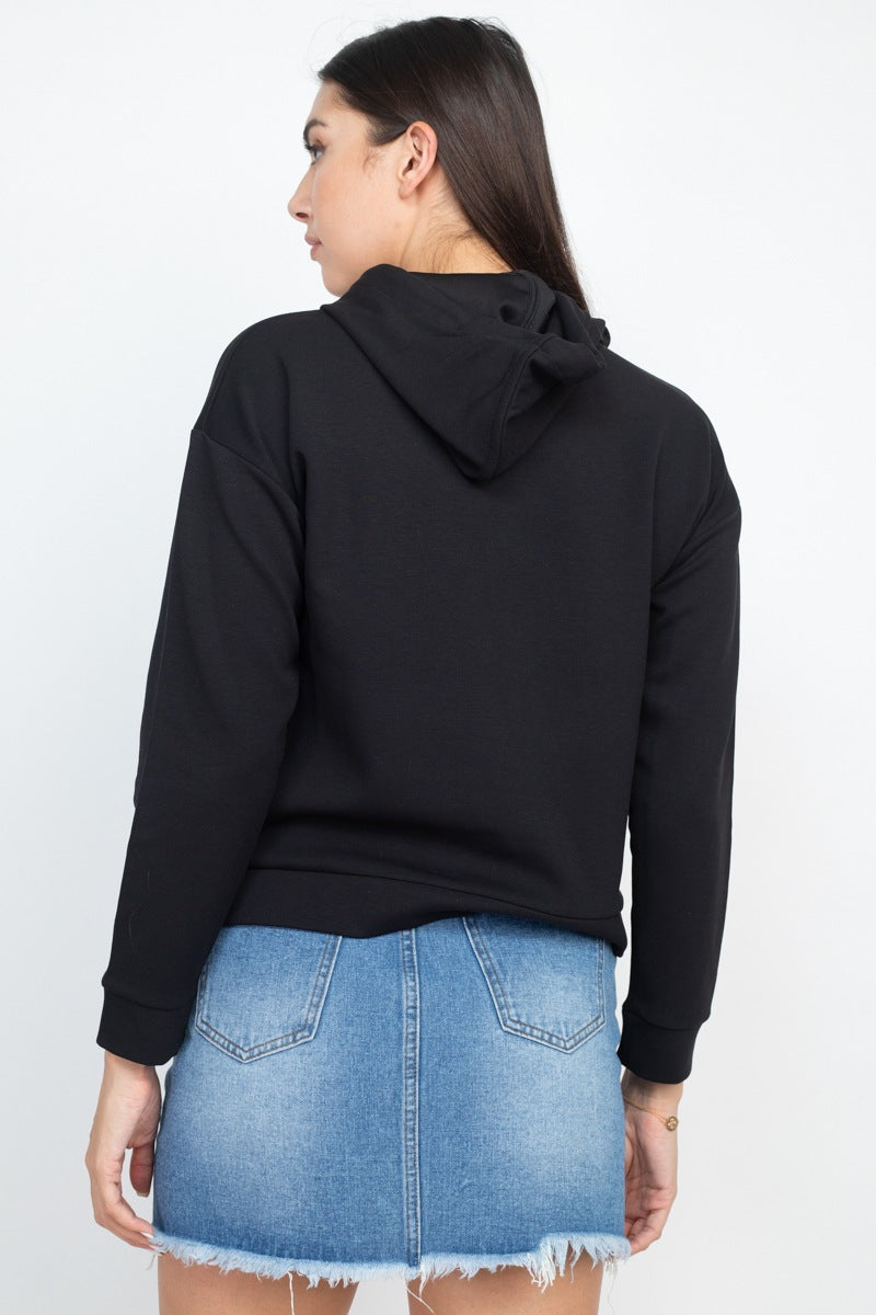 Self-tie Drawstrings Hoodie Knit Sweater in Black