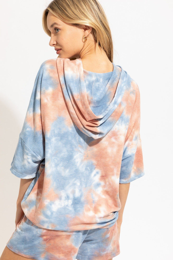 Knit Tie Dye Hoodie for Women in Clay/Blue