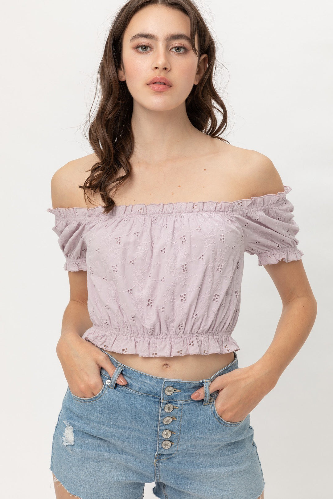 Off Shoulder Cropped Top Puff Sleeve for Women in Lilac