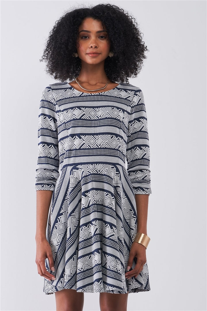 Navy & White Multi Print Round Neck 3/4 Sleeve A-line Mini Dress