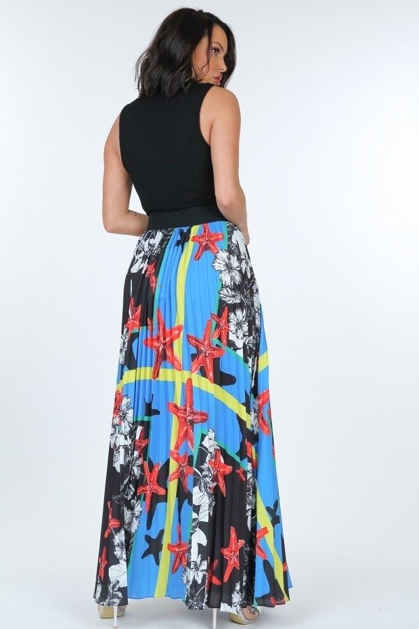 Pleated Print Maxi Skirt With Leather Waist Band