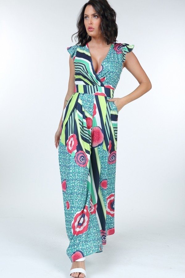 Ruffle Sleeve Surplice Jumpsuit in Mint Multi