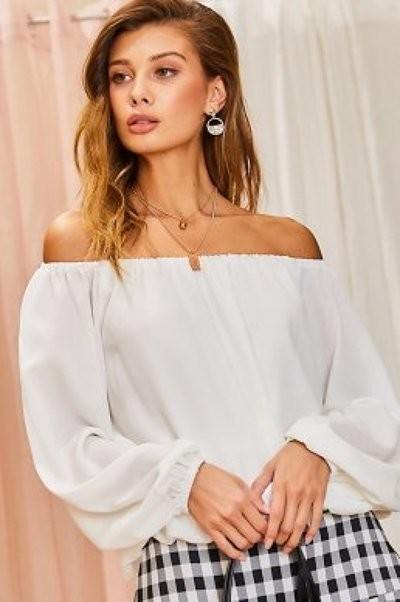 Women Off Shoulder Long Bubble Sleeve Solid Top in White