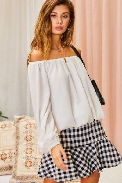 Women Off Shoulder Long Bubble Sleeve Solid Top in White