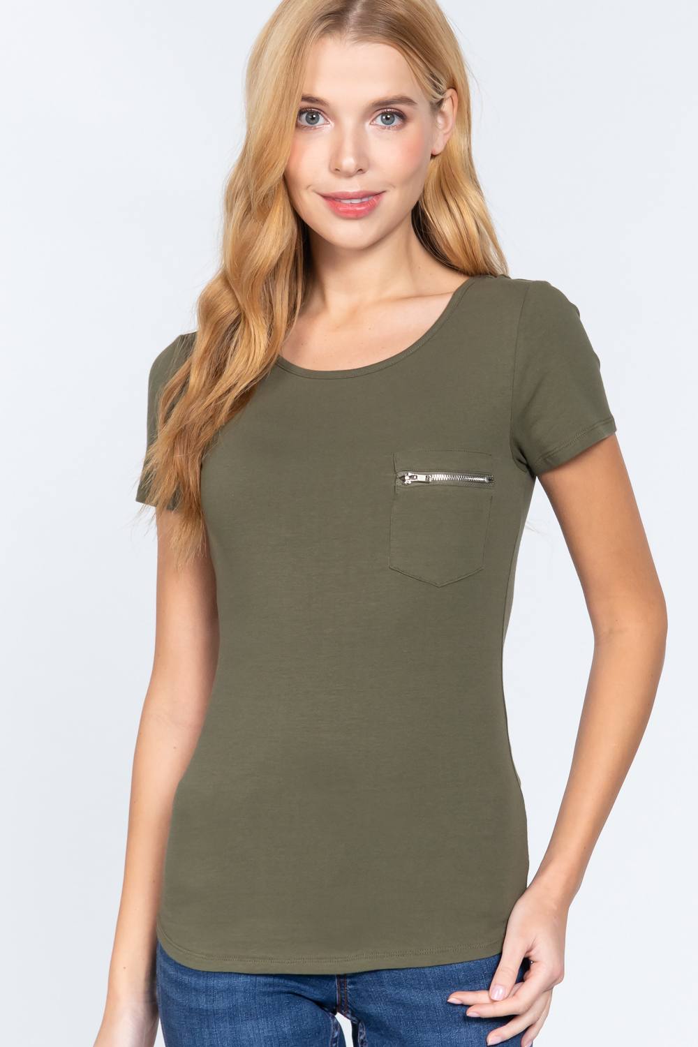 Short Sleeve Top with Zipper Pocket in Olive Green