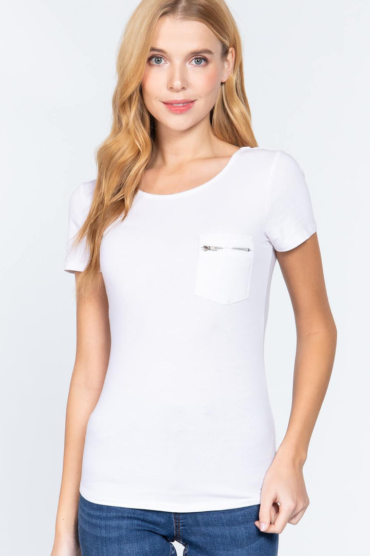 Short Sleeve Top with Zipper Pocket in White