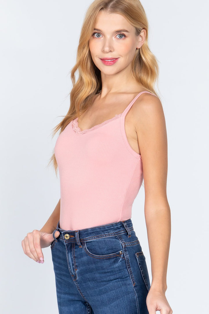 Heavy Rib Cami with Lace Bodysuit in Pink