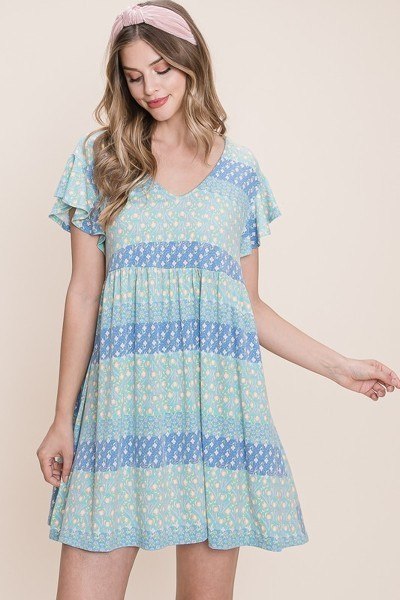 Cute And Flirty Floral Printed Babydoll Mini Dress in Blue