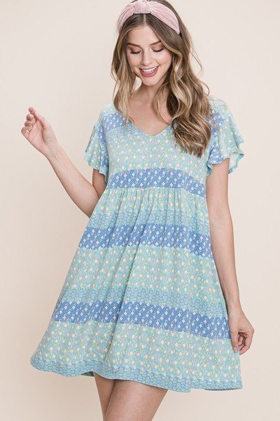 Cute And Flirty Floral Printed Babydoll Mini Dress in Blue
