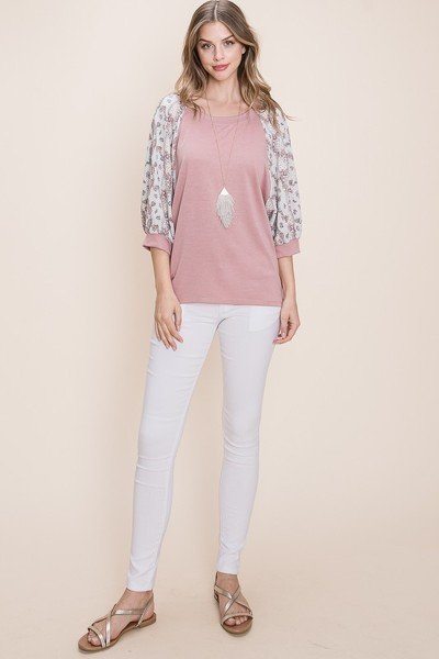 Solid French Terry Fashion Top with Floral Paisley Printed Bubble Sleeves - Mauve