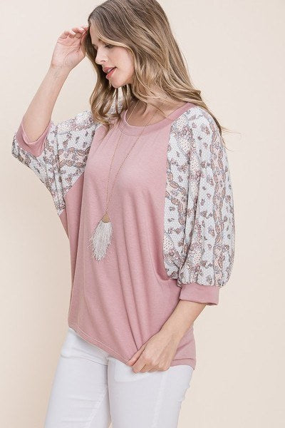 Solid French Terry Fashion Top with Floral Paisley Printed Bubble Sleeves - Mauve