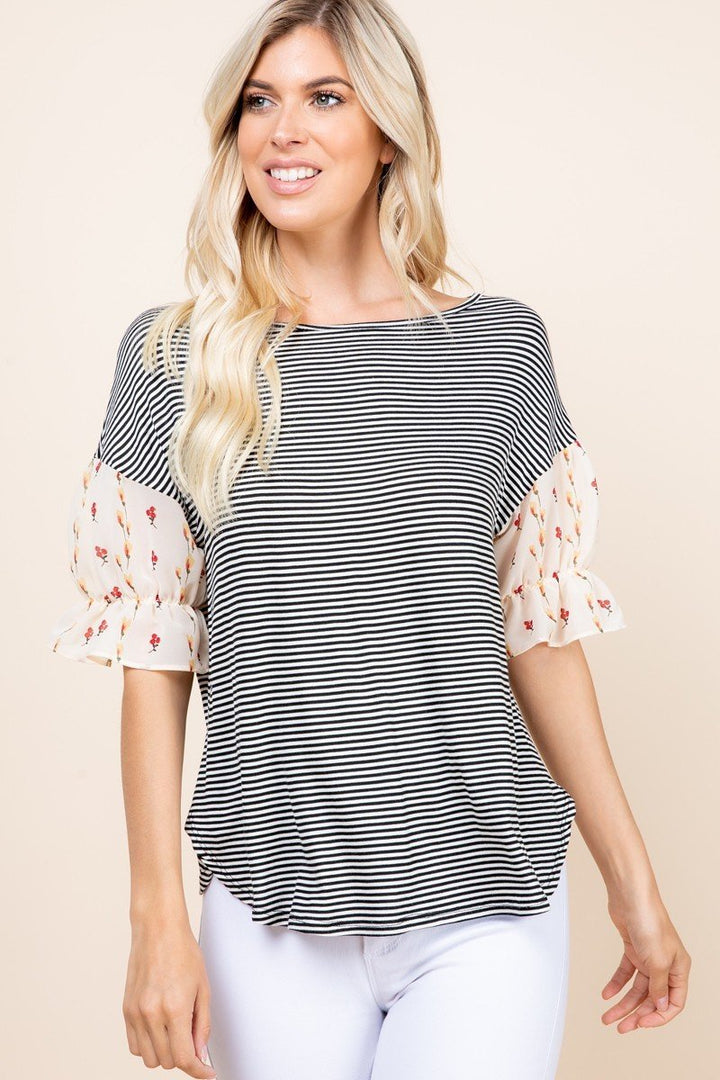 Cute Striped Curved Hem Casual Top with Mini Floral Chiffon Elastic Sleeves