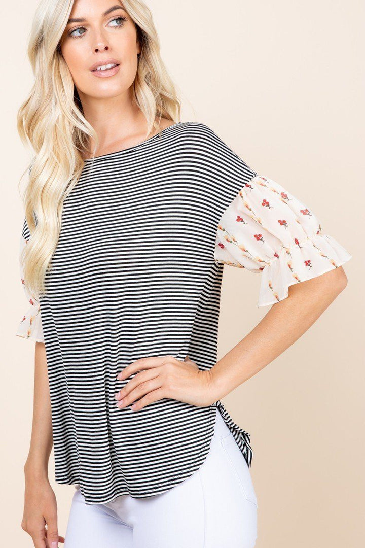 Cute Striped Curved Hem Casual Top with Mini Floral Chiffon Elastic Sleeves