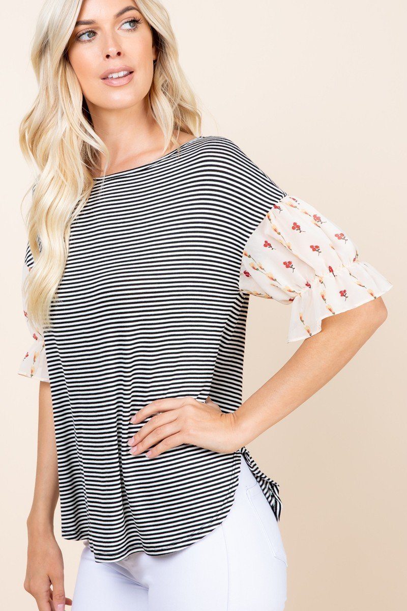 Cute Striped Curved Hem Casual Top with Mini Floral Chiffon Elastic Sleeves