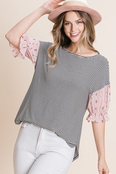 Cute Striped Curved Hem Casual Top with Mini Floral Chiffon Elastic Sleeves - Pink