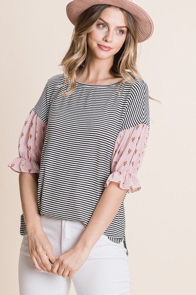 Cute Striped Curved Hem Casual Top with Mini Floral Chiffon Elastic Sleeves - Pink
