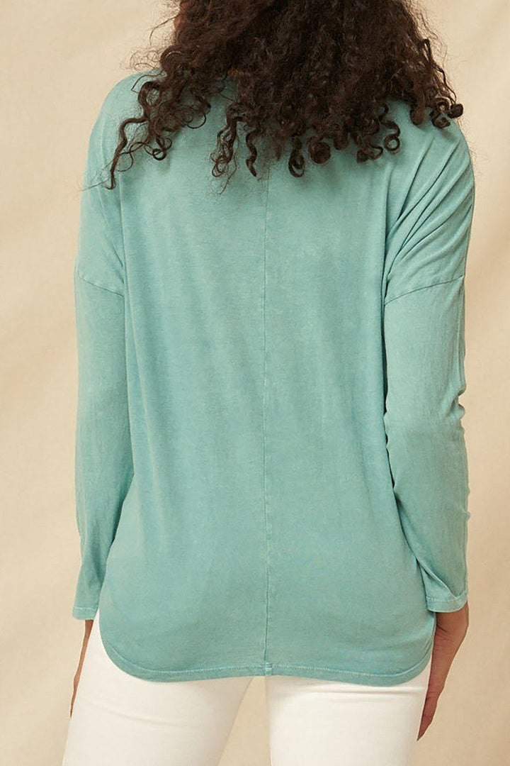 A Long Sleeve Mineral Washed Knit Top for Women in Jade