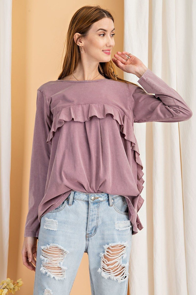 Long Sleeve Ruffled Detailing Oil Washed Knit Tunic for Women in Mauve