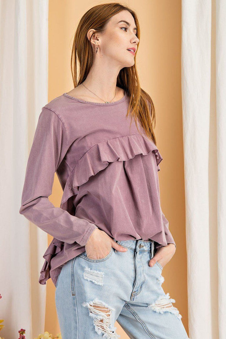 Long Sleeve Ruffled Detailing Oil Washed Knit Tunic for Women in Mauve