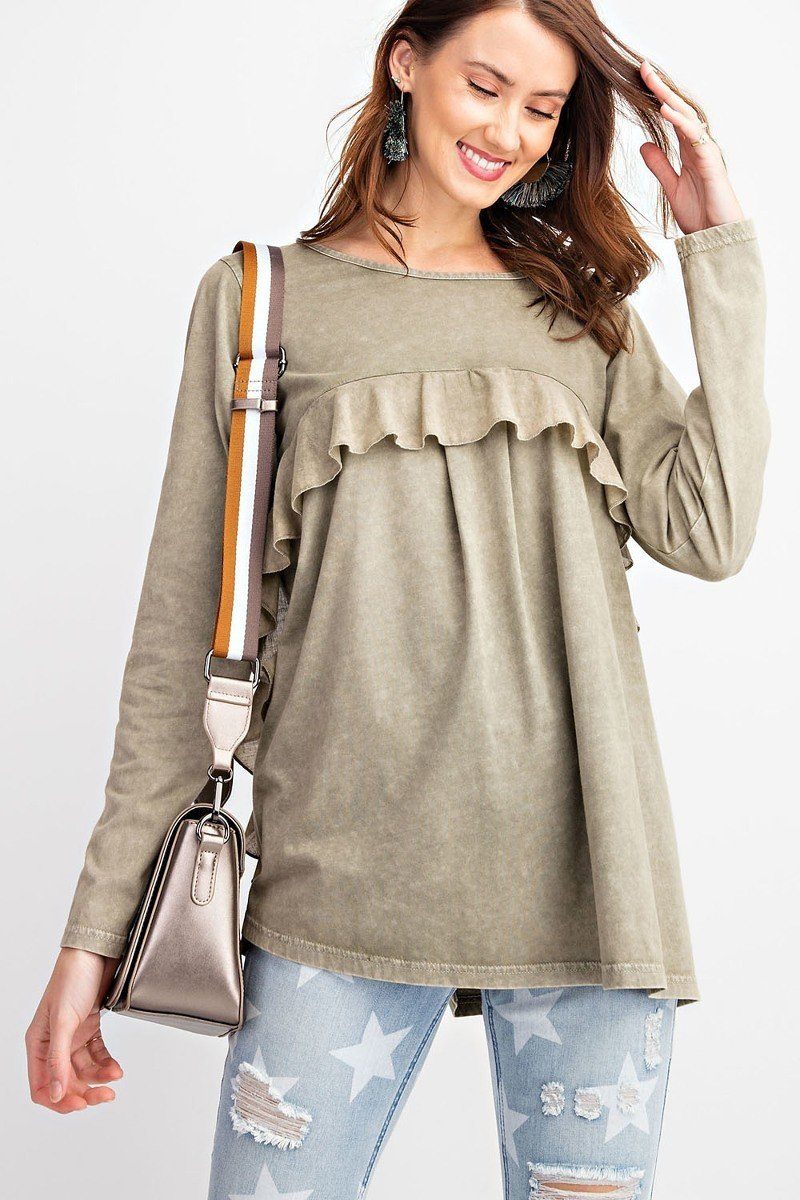 Long Sleeve Ruffled Detailing Oil Washed Knit Tunic for Women in Faded Olive