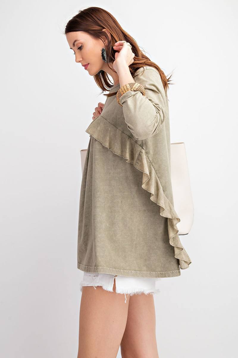 Long Sleeve Ruffled Detailing Oil Washed Knit Tunic for Women in Faded Olive