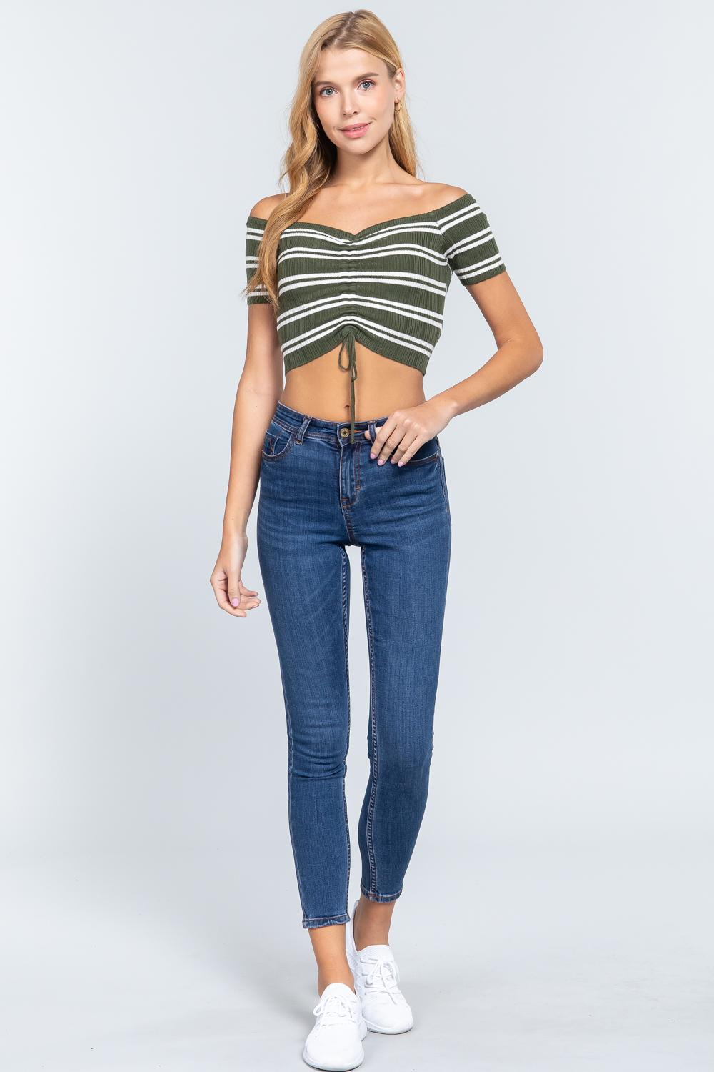 Women Off Shoulder Stripe Rib Sweater Top in Olive/Off White
