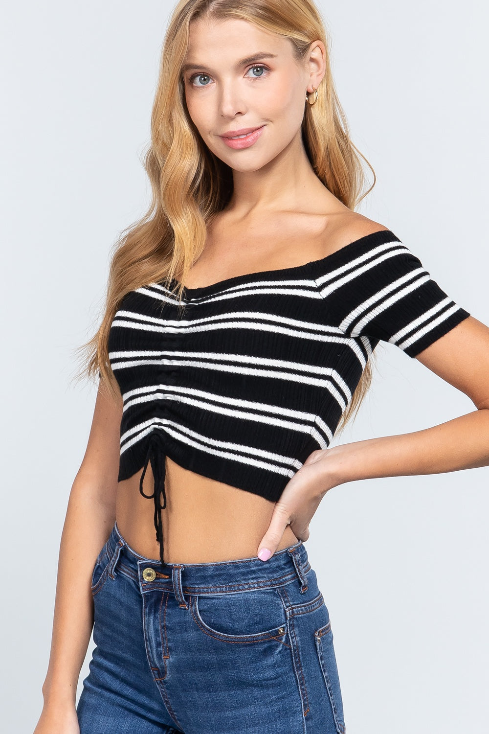 Women Off Shoulder Stripe Rib Sweater Top in Black/Off White