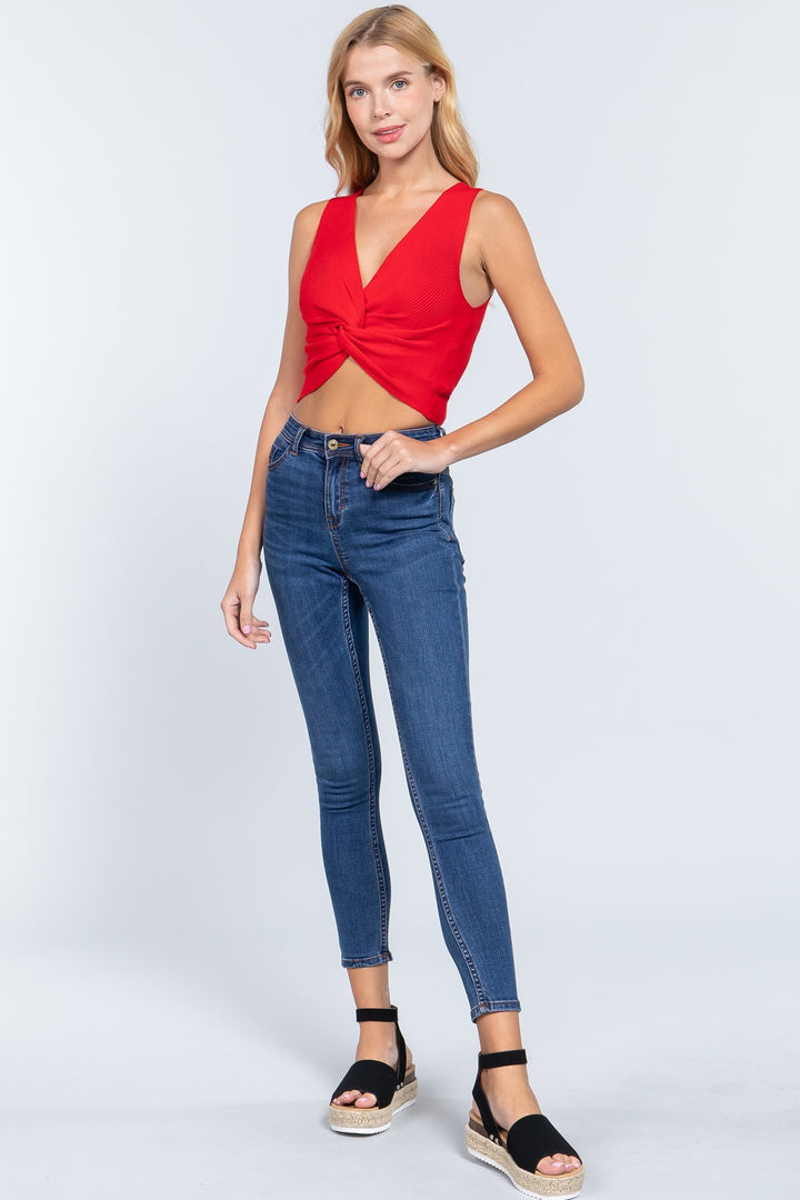 Sleeveless V-neck Twist Knot Knit Top for Women in Red