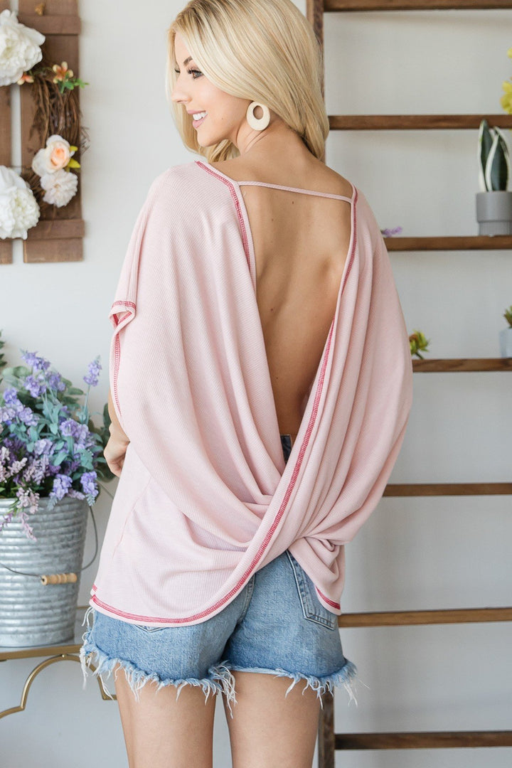 Open Back Wide Sleeve Short Sleeve Top in Blush