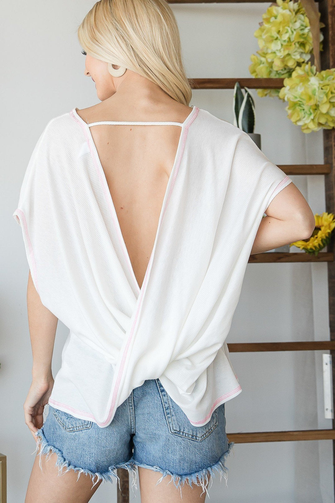 Open Back Wide Sleeve Short Sleeve Top in Ivory