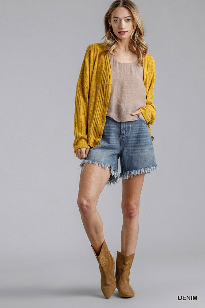 High Rise Denim Shorts With Raw Hem in Denim