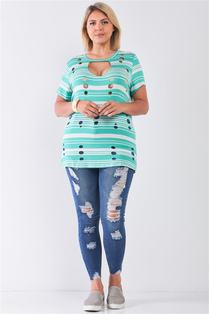 Plus Striped And Distressed Cut-out Top for Women in Mint