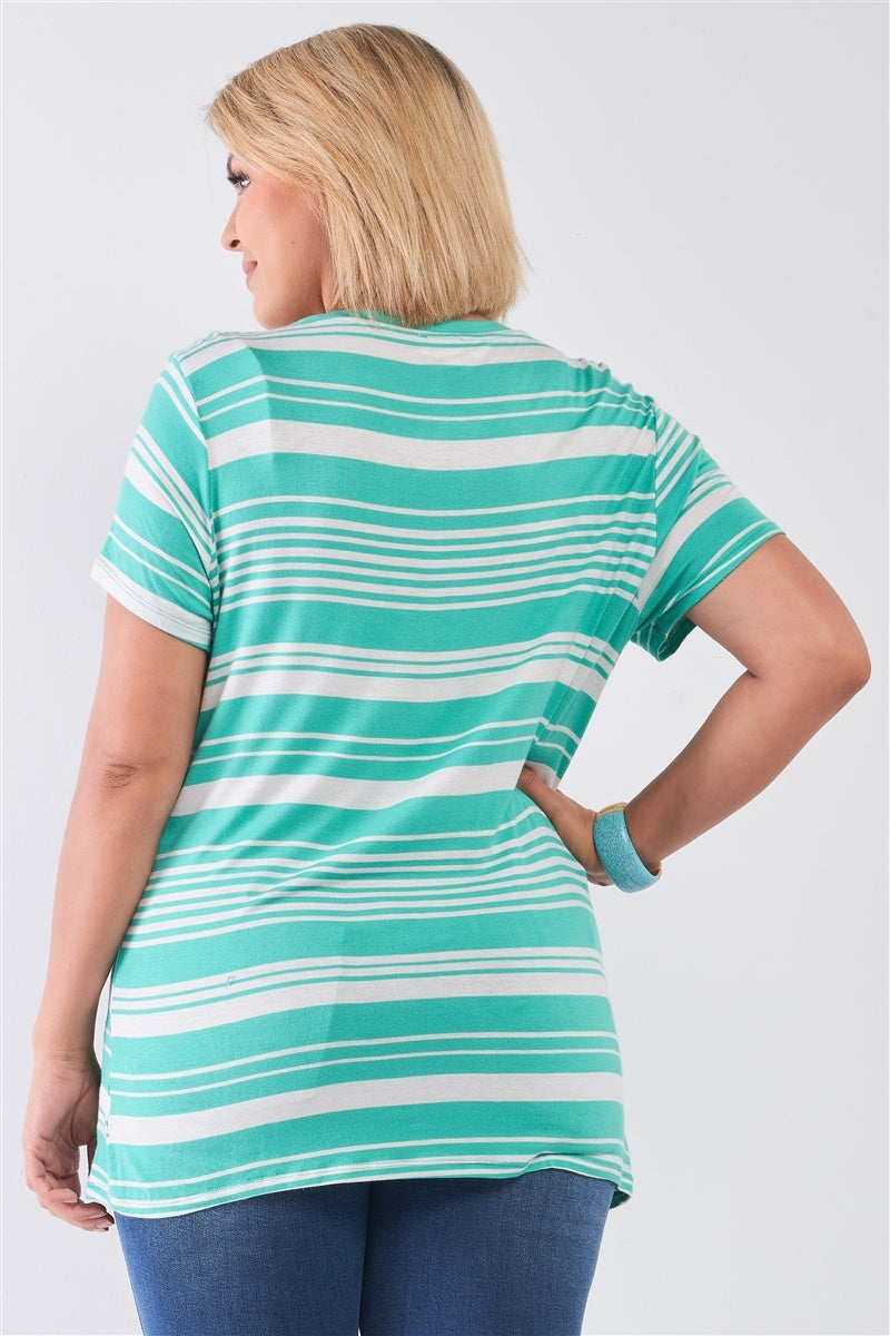 Plus Striped And Distressed Cut-out Top for Women in Mint