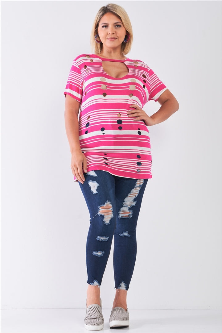Plus Striped And Distressed Cut-out Top for Women in Fuchsia