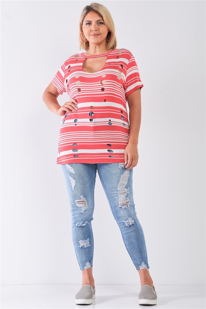 Plus Striped And Distressed Cut-out Top for Women in Coral