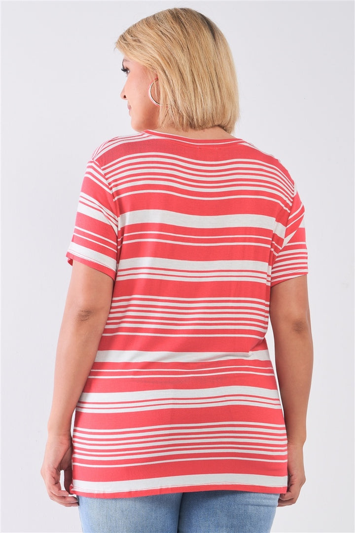 Plus Striped And Distressed Cut-out Top for Women in Coral