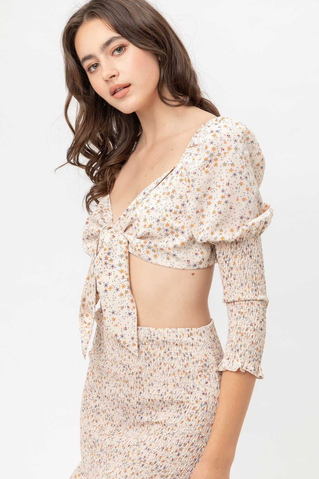 Front Tie Woven Printed Top in Cream