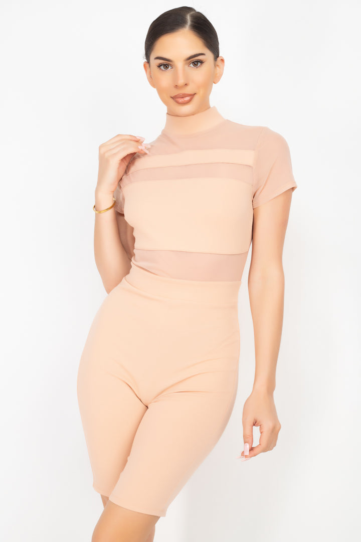 Stripe Mesh Mock Neck Biker Romper in Deep Nude