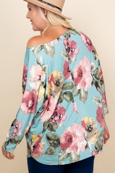 Plus Size Long Sleeve Floral Printed Venezia One Shoulder Fashion Top - Sage