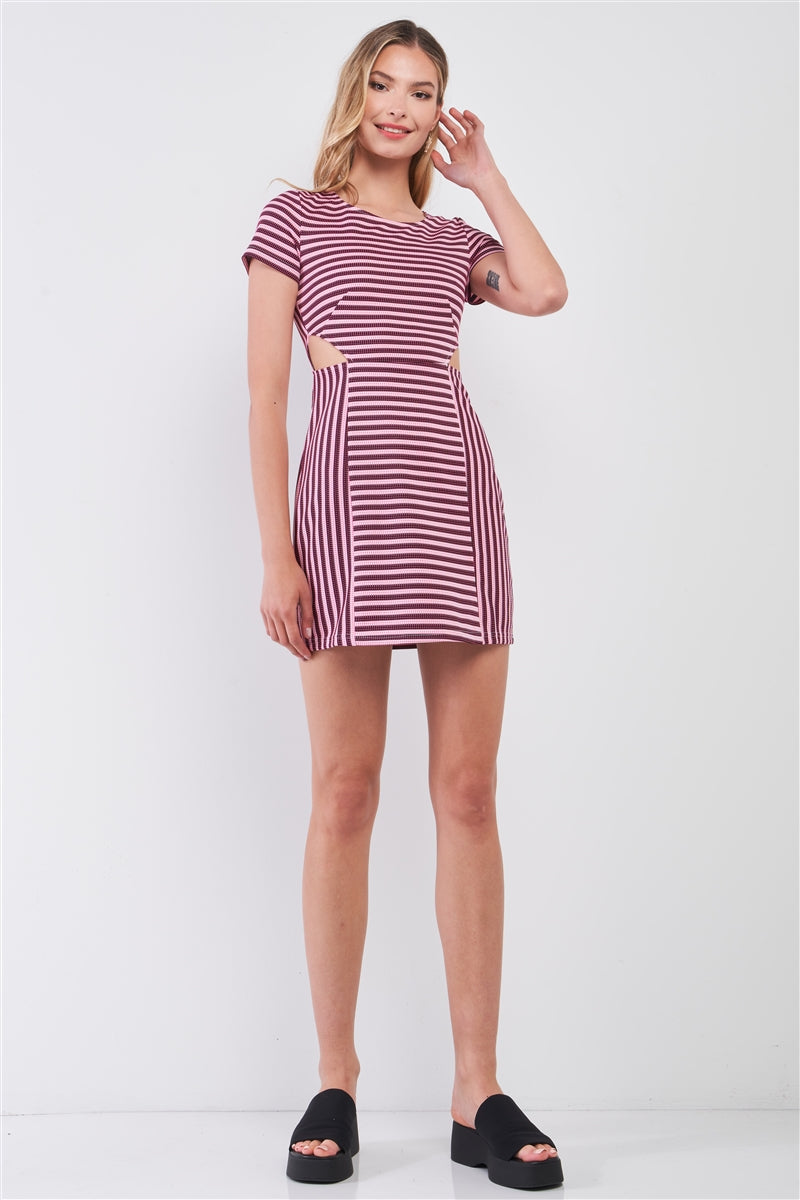 Pink & Black Striped Short Sleeve Cut-out Detail Tight Fit Mini Dress