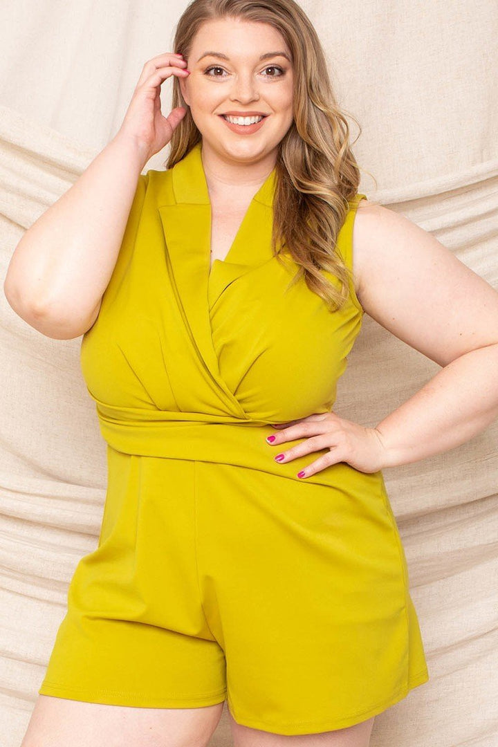 Sleeveless Collared Neck Plus Size Romper in Tea Leaf