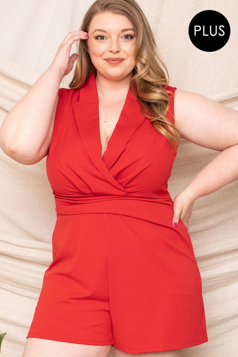 Sleeveless Collared Neck Plus Size Romper in Red