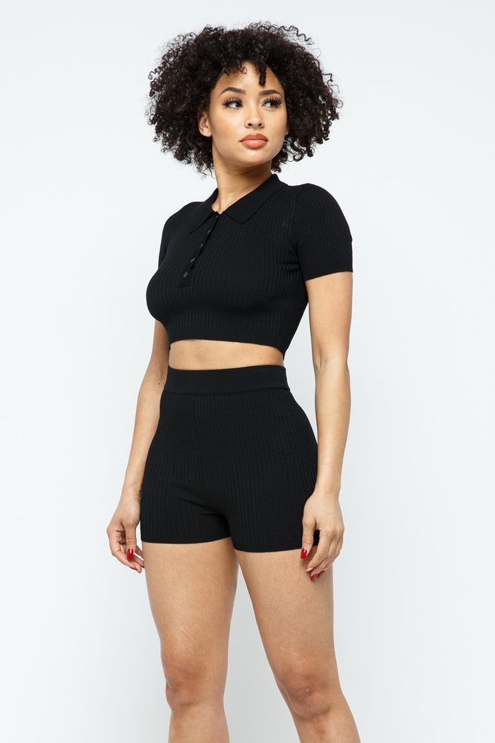 Collar Crop Top + Shorts Set in Black