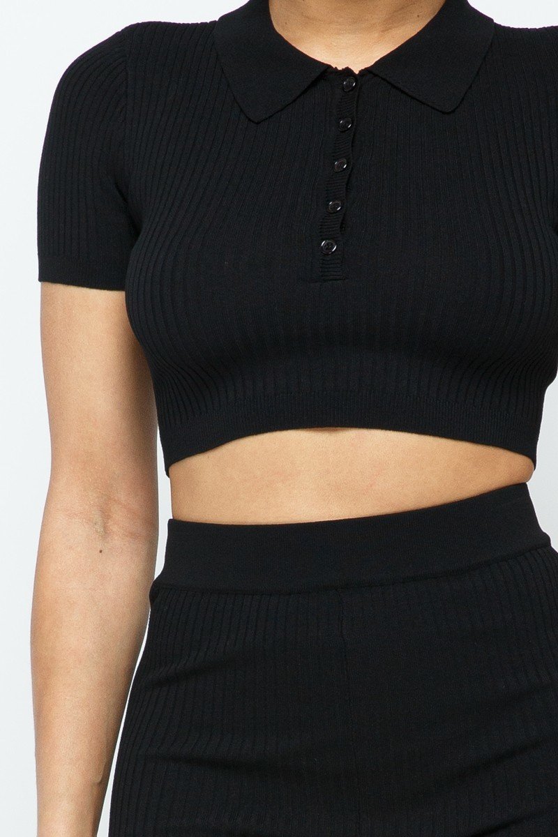 Collar Crop Top + Shorts Set in Black