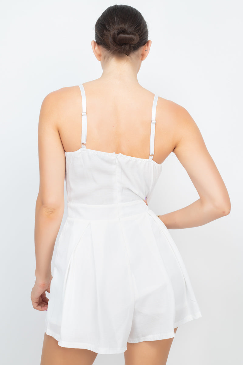 Cinched Zip Sweetheart Pleated Romper in White