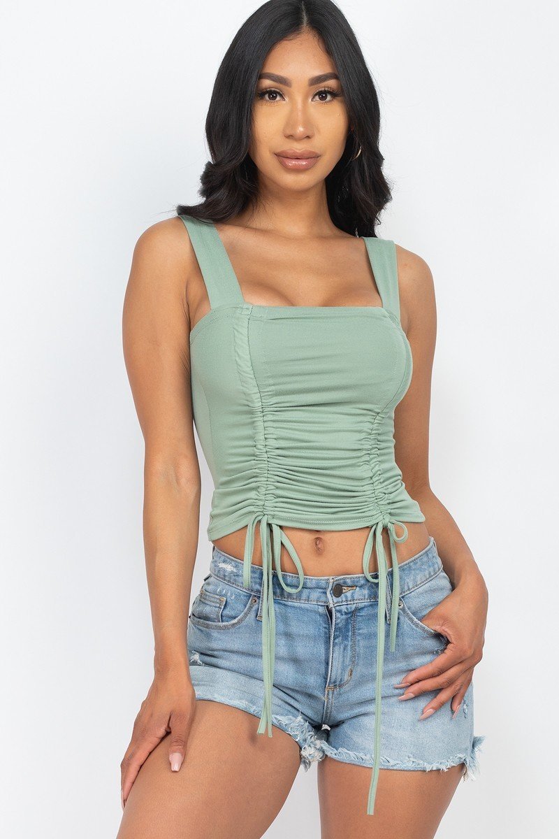 Adjustable Front Ruched With String Square Neck Crop Tops